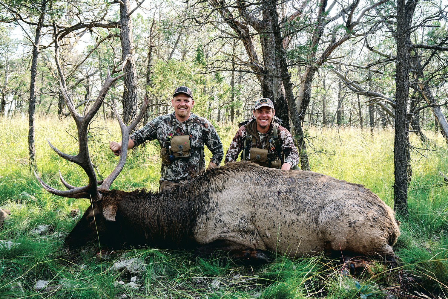 Jason Phelps  and Steven Rinella pose with an elk they hunted on a recent episode of the Netflix show “MeatEater.”